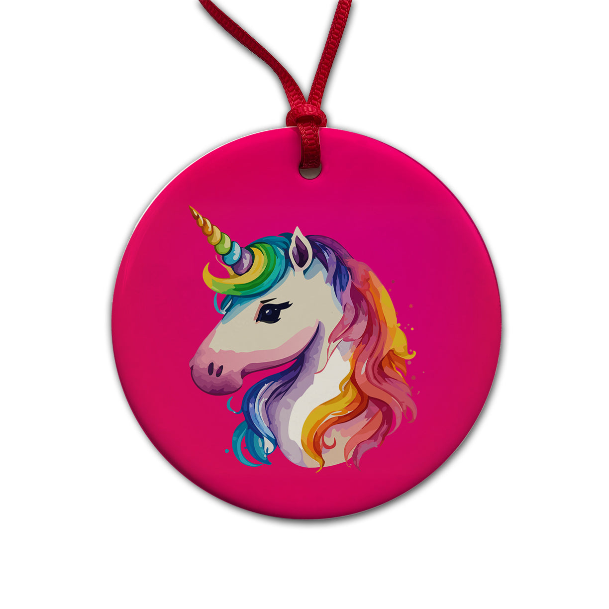 Unicorn Rainbow Hair Horn Round Ceramic Holiday Christmas Tree Ornament