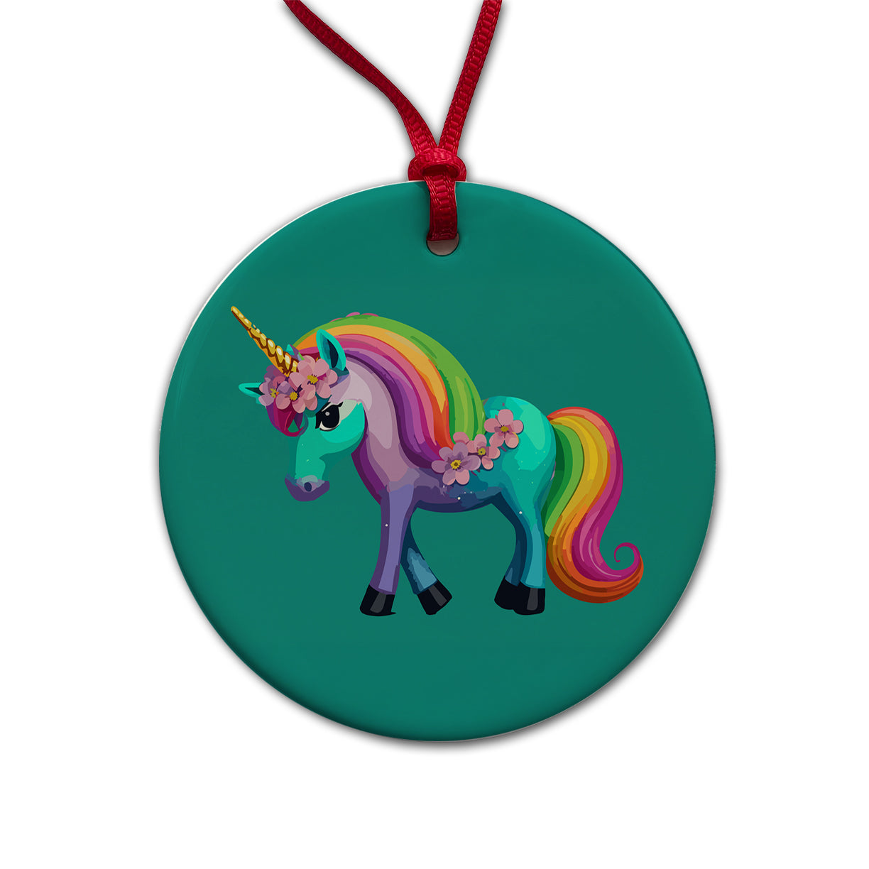 Unicorn Rainbow Standing Flowers Round Ceramic Holiday Christmas Tree Ornament