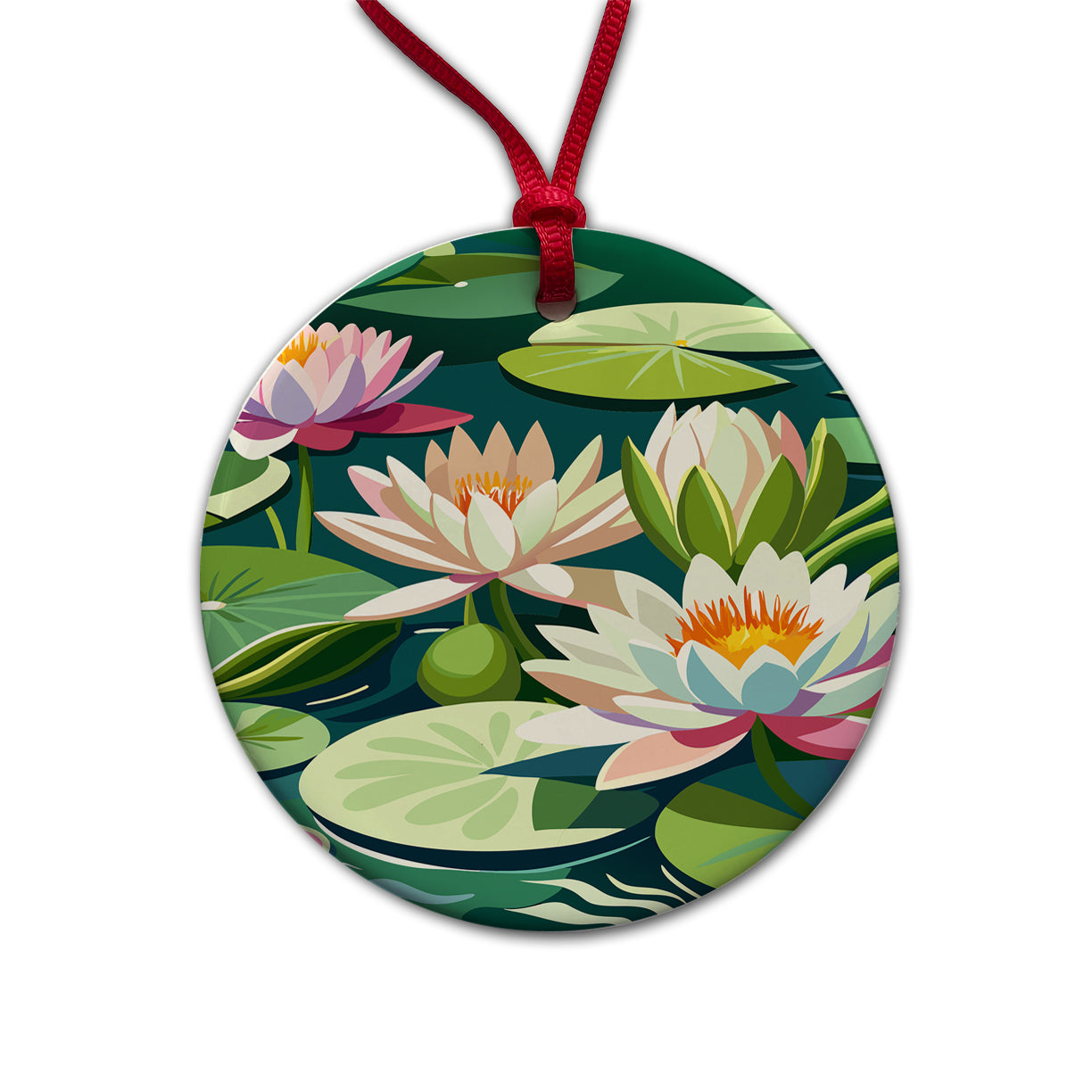Water Lilies Lily Pond Round Ceramic Holiday Christmas Tree Ornament