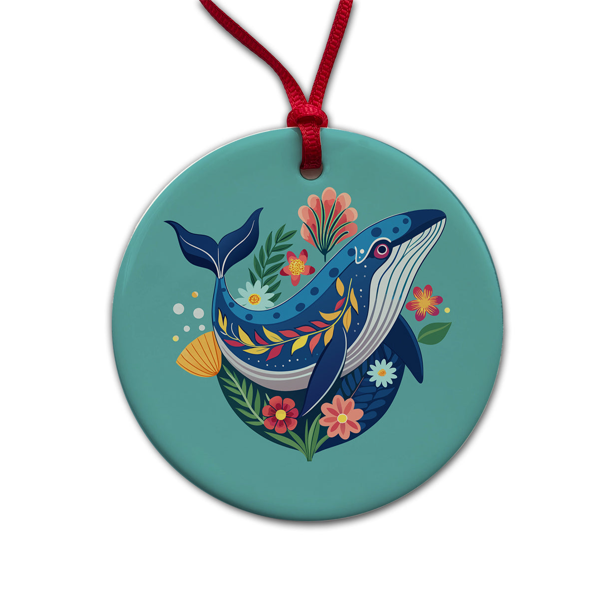 Whale Floral Flowers Round Ceramic Holiday Christmas Tree Ornament