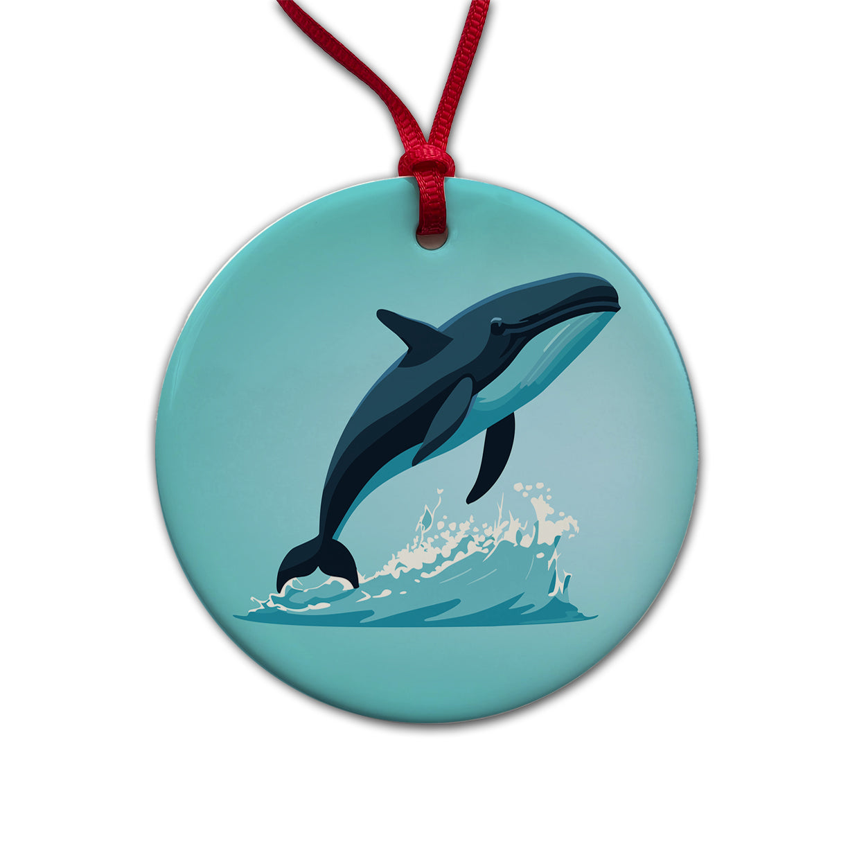 Whale Jumping Out of Water Round Ceramic Holiday Christmas Tree Ornament