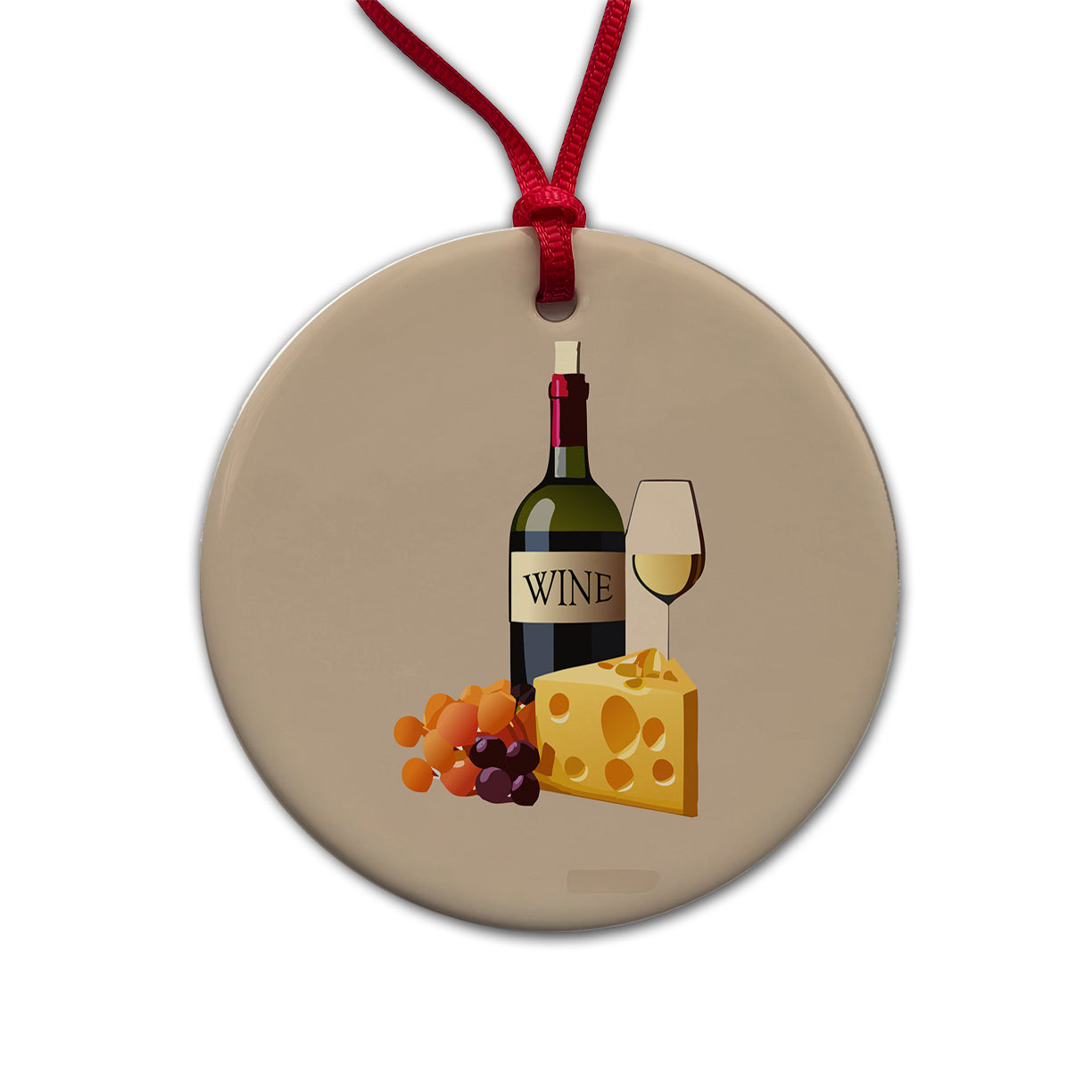 Wine Cheese Grapes Round Ceramic Holiday Christmas Tree Ornament