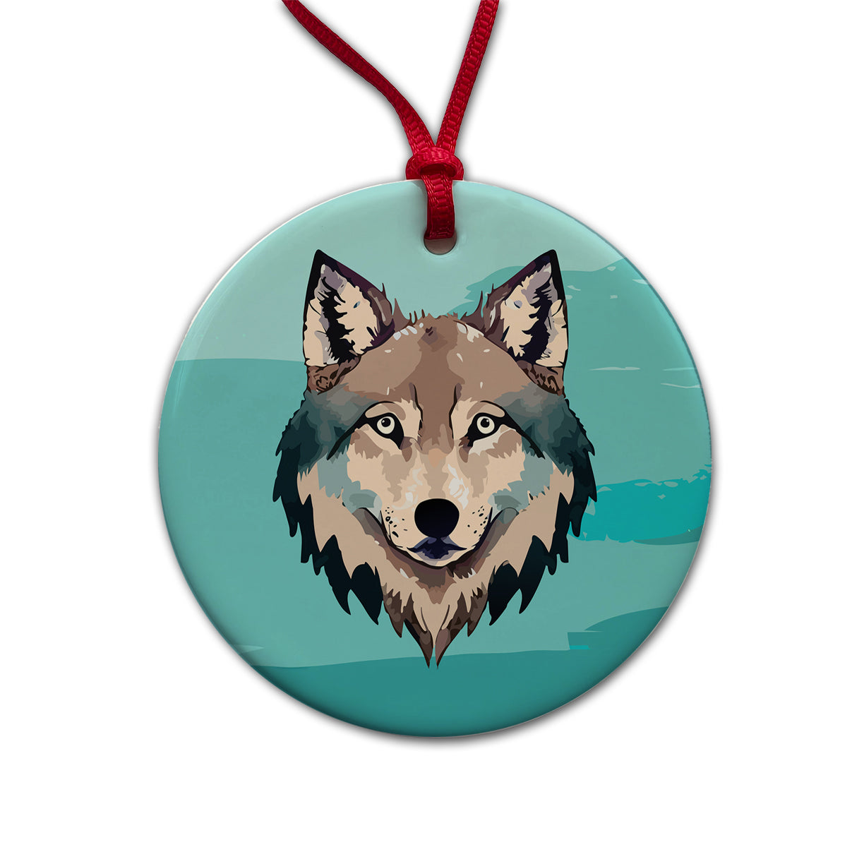 Wolf Face Watercolor Round Ceramic Holiday Christmas Tree Ornament