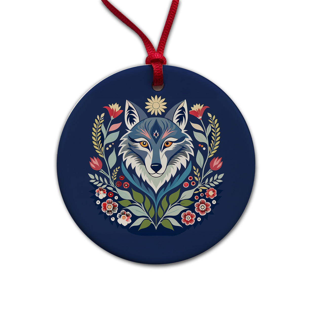 Wolf Floral Flowers Round Ceramic Holiday Christmas Tree Ornament