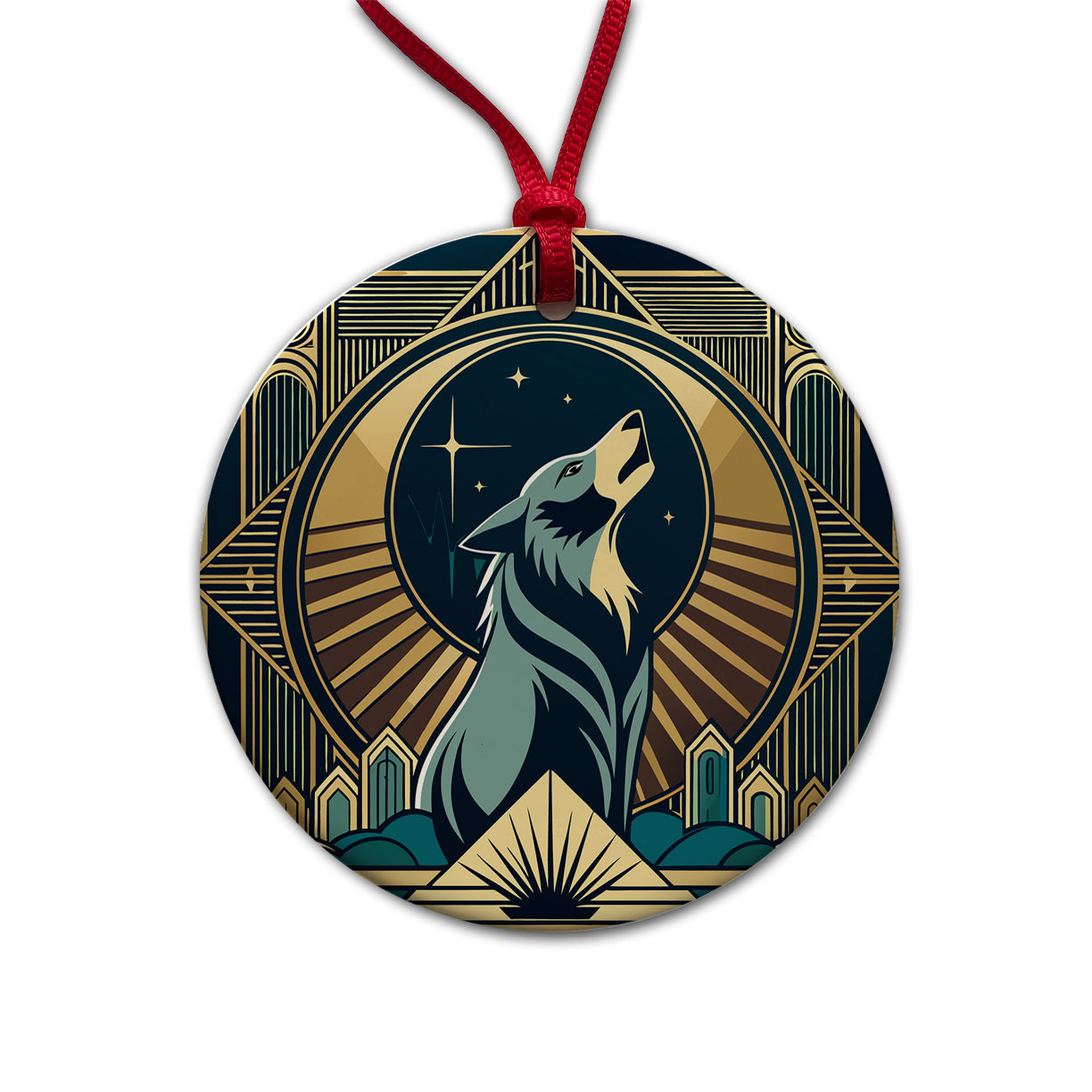 Wolf Howling at Moon Art Deco Round Ceramic Holiday Christmas Tree Ornament