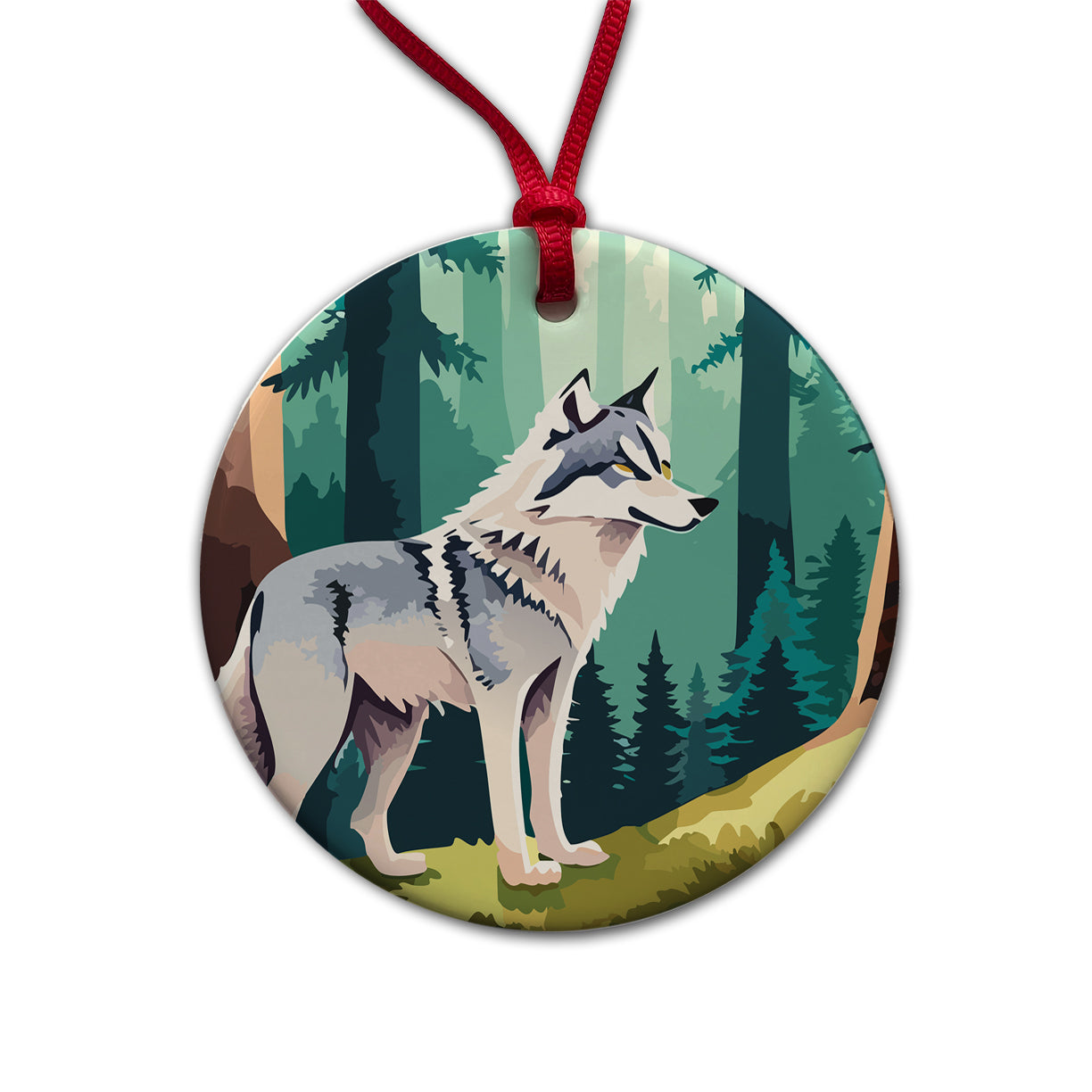 Wolf Standing Watercolor Round Ceramic Holiday Christmas Tree Ornament