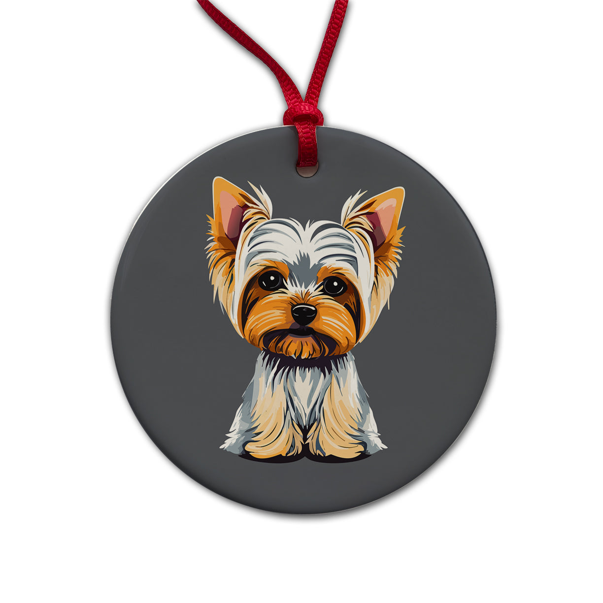 Yorkshire Terrier Dog Sitting Round Ceramic Holiday Christmas Tree Ornament