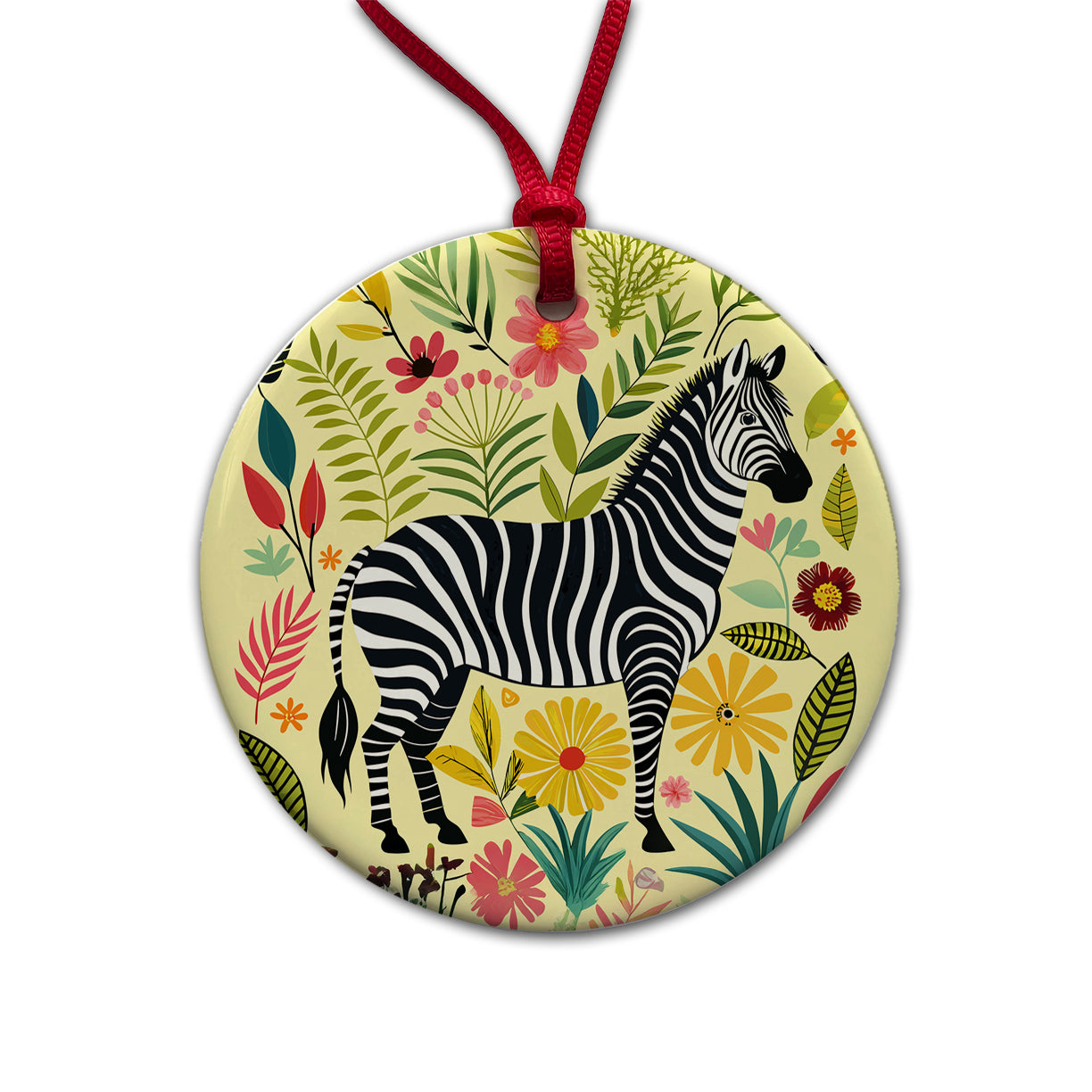 Zebra Floral Flowers Motif Round Ceramic Holiday Christmas Tree Ornament