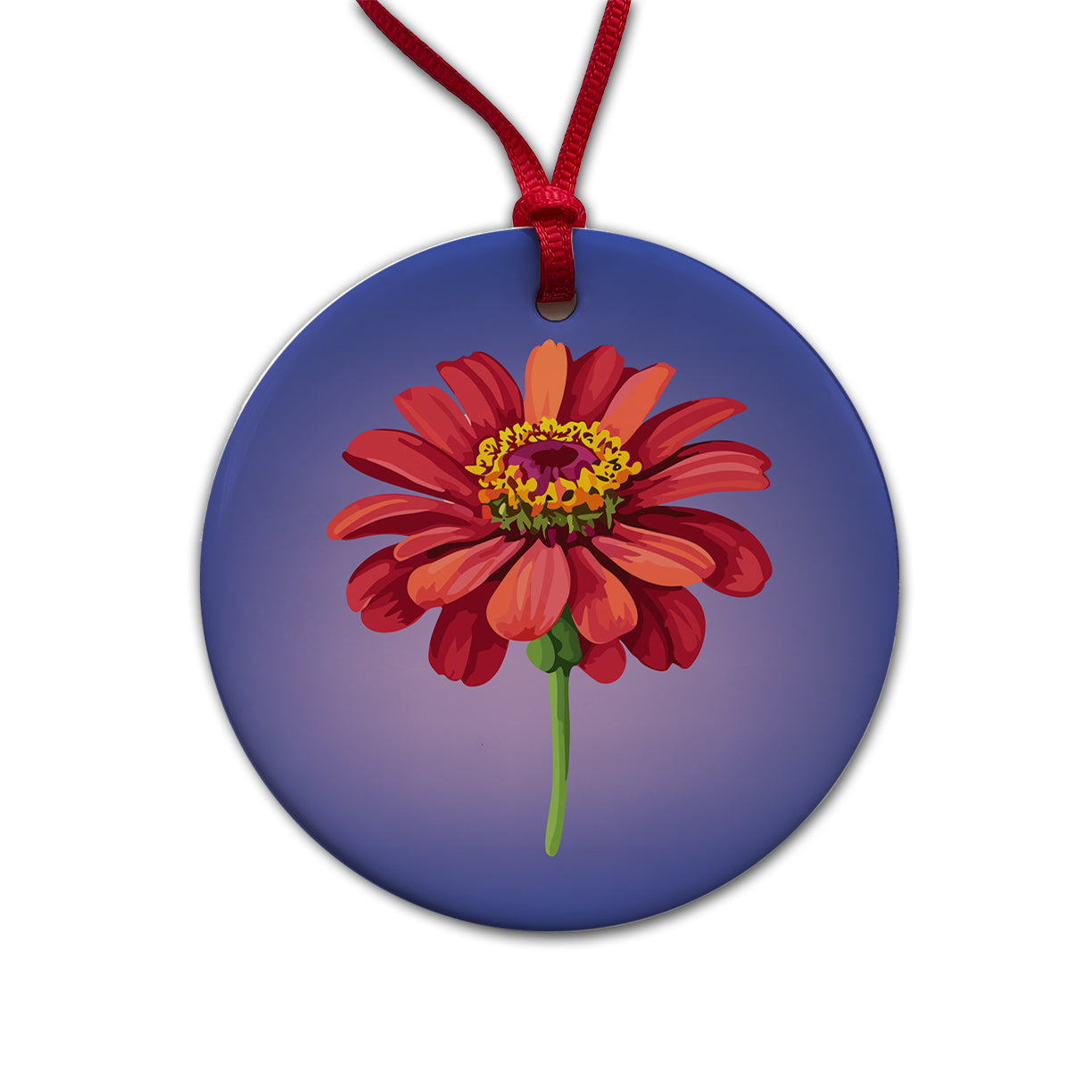 Zinnia Flower Red Watercolor Round Ceramic Holiday Christmas Tree Ornament