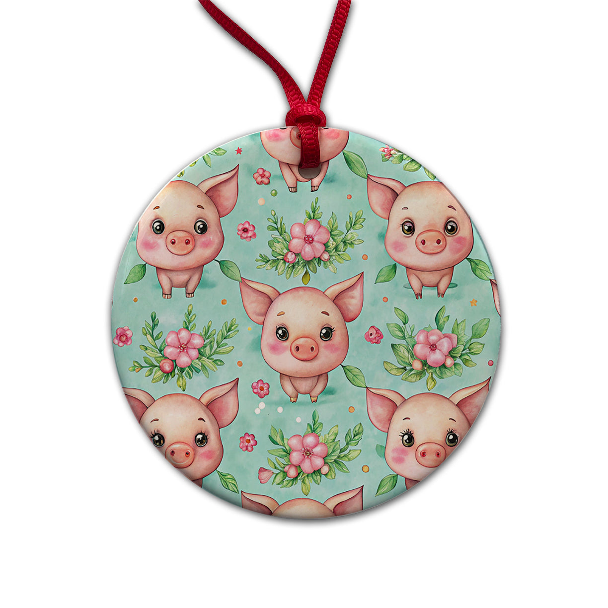 Adorable Pig Faces Watercolor Round Ceramic Holiday Christmas Tree Ornament