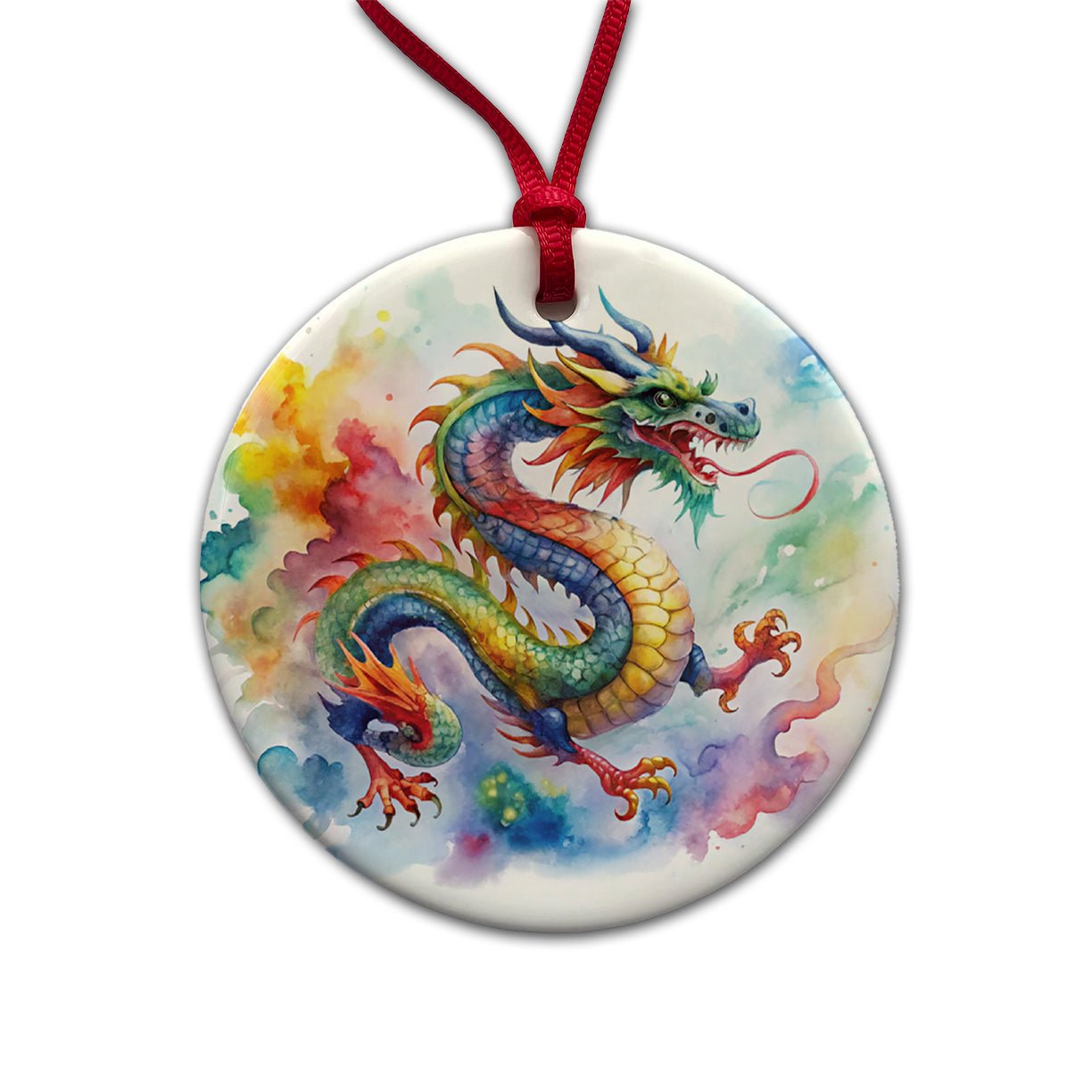 Asian Dragon Watercolor Design Round Ceramic Holiday Christmas Tree Ornament