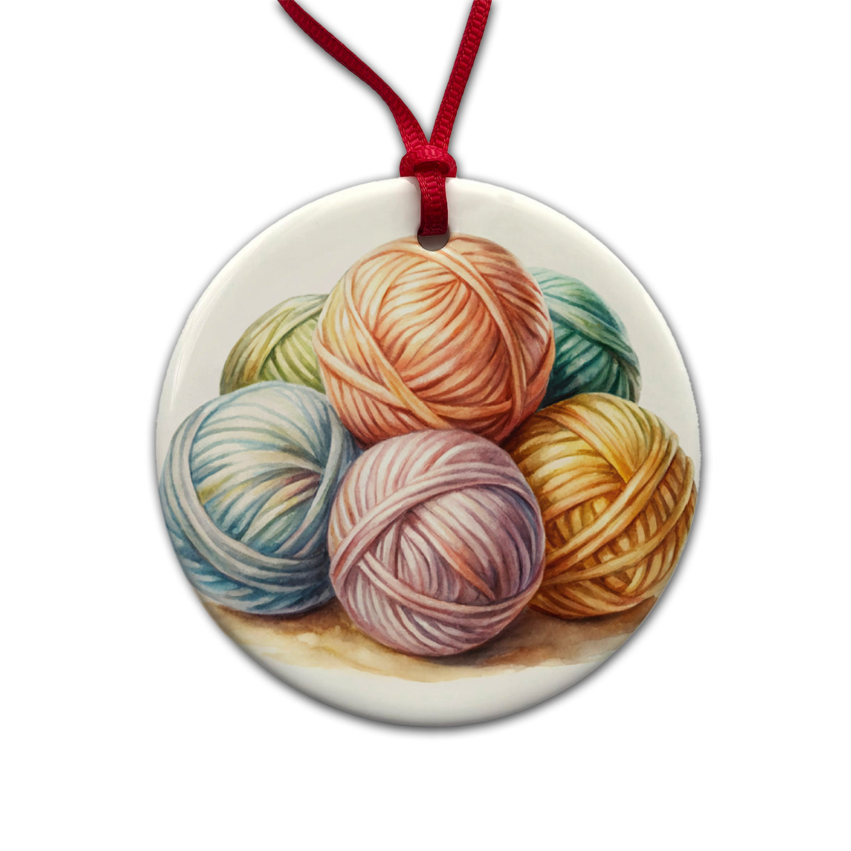 Balls Of Pastel Yarn Knitting Crochet Watercolor Round Ceramic Holiday Christmas Tree Ornament