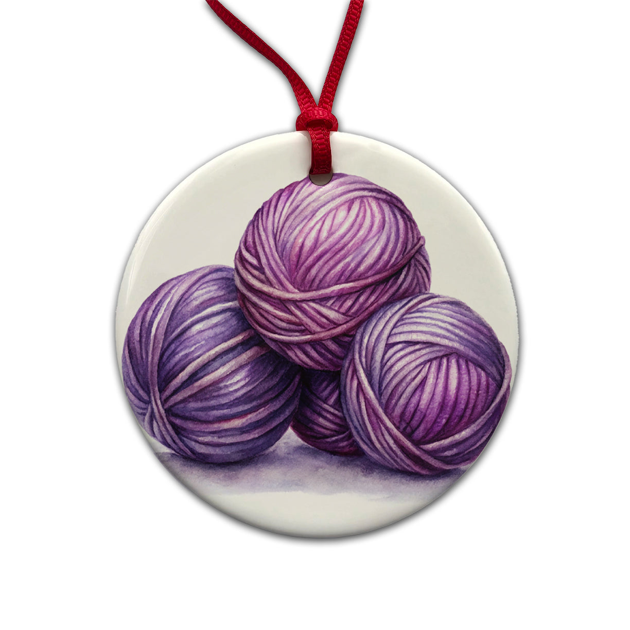 Balls Of Purple Yarn Knitting Crochet Watercolor Round Ceramic Holiday Christmas Tree Ornament