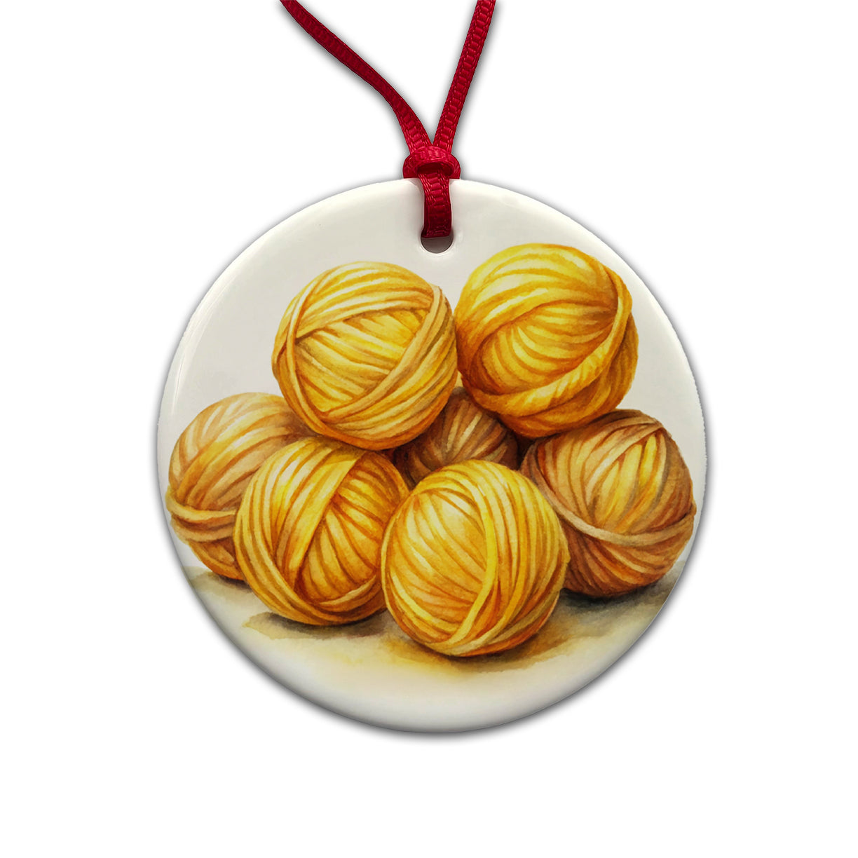 Balls Of Yellow Yarn Knitting Crochet Watercolor Round Ceramic Holiday Christmas Tree Ornament
