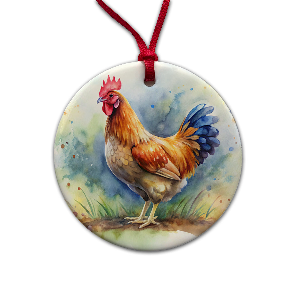 Beautiful Chicken Watercolor Round Ceramic Holiday Christmas Tree Ornament