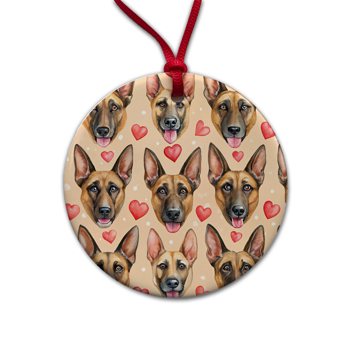 Belgian Malinois Dog Faces Hearts Round Ceramic Holiday Christmas Tree Ornament
