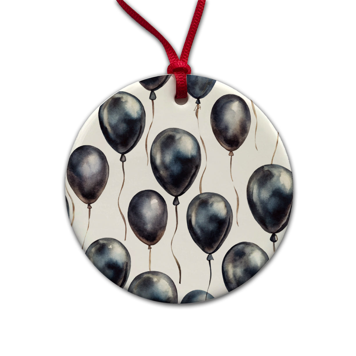 Black Balloons Watercolor Round Ceramic Holiday Christmas Tree Ornament