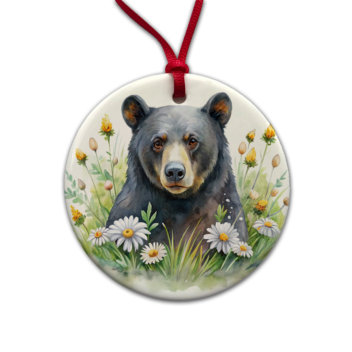 Black Bear Watercolor Design With Daisies Round Ceramic Holiday Christmas Tree Ornament
