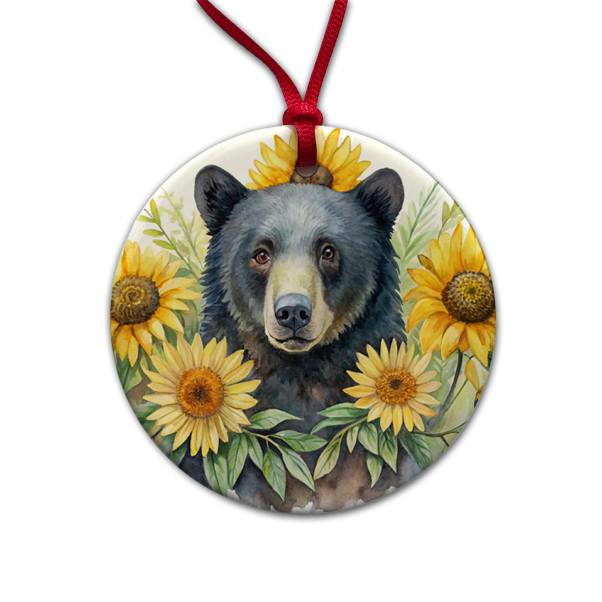 Black Bear Watercolor Design With Sunflowers Round Ceramic Holiday Christmas Tree Ornament