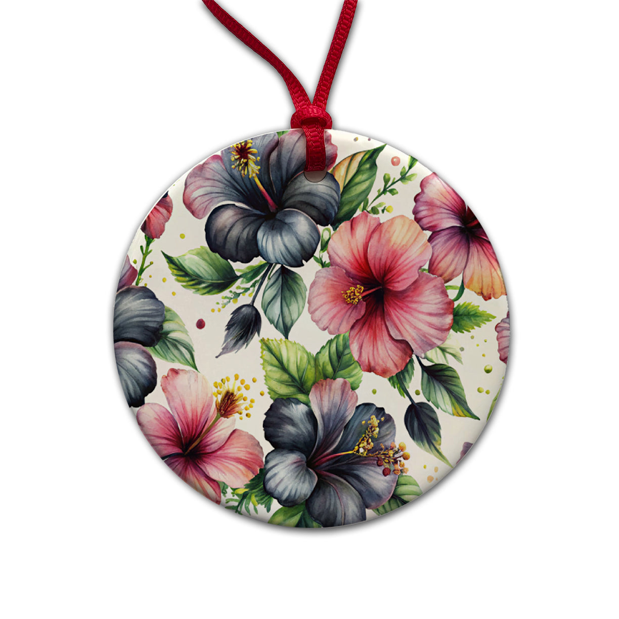 Black Pink Hibiscus Flowers Watercolor Round Ceramic Holiday Christmas Tree Ornament