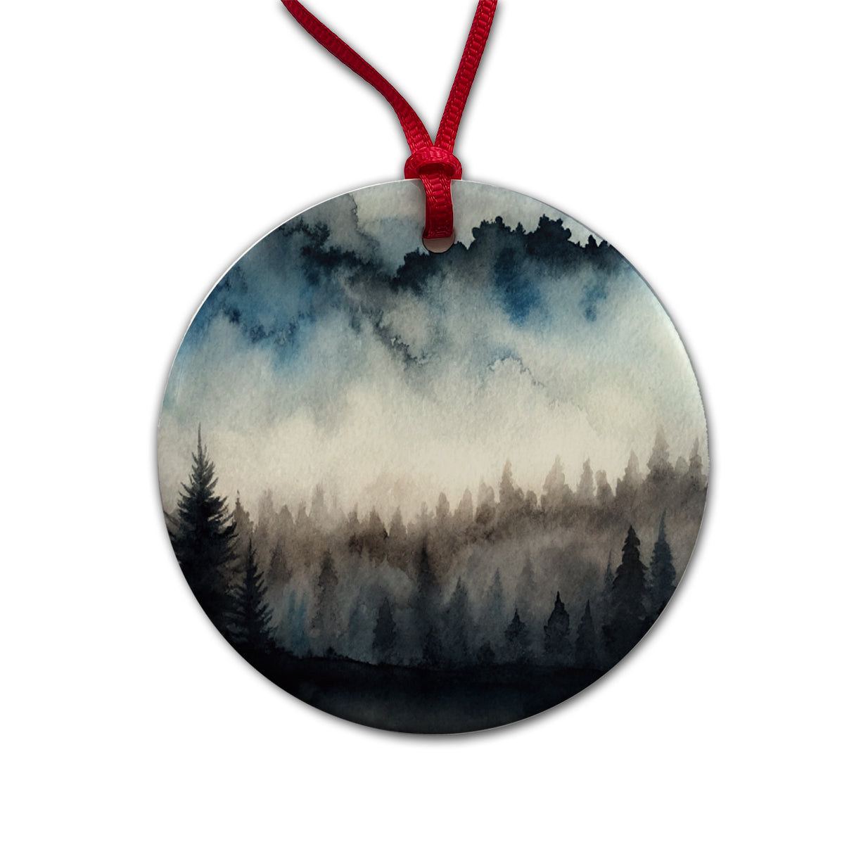 Black Shadow Forest Ombre Watercolor Round Ceramic Holiday Christmas Tree Ornament