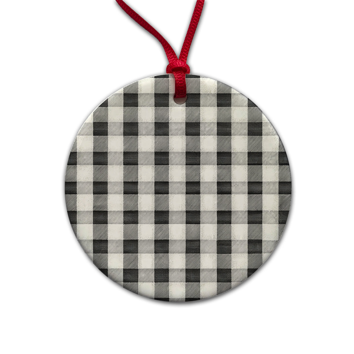 Black White Gingham Watercolor Round Ceramic Holiday Christmas Tree Ornament