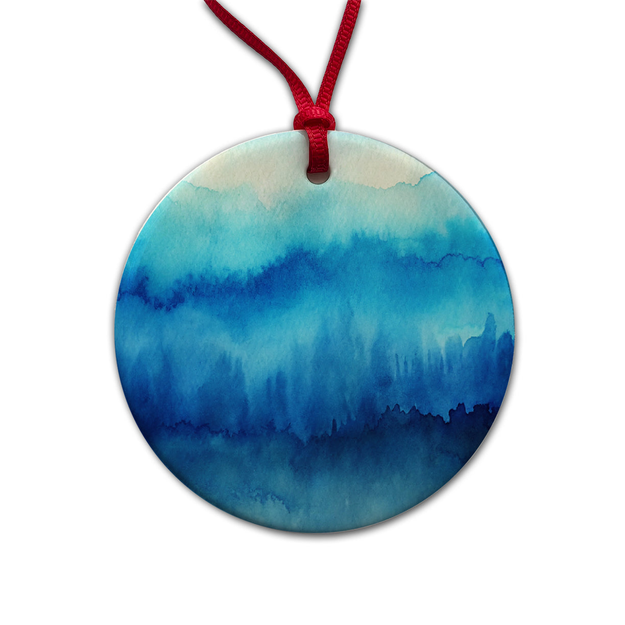 Blue Ombre Forest Watercolor Round Ceramic Holiday Christmas Tree Ornament