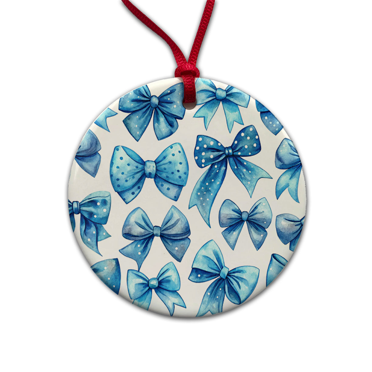 Blue Scattered Coquette Bows Cute Watercolor Round Ceramic Holiday Christmas Tree Ornament