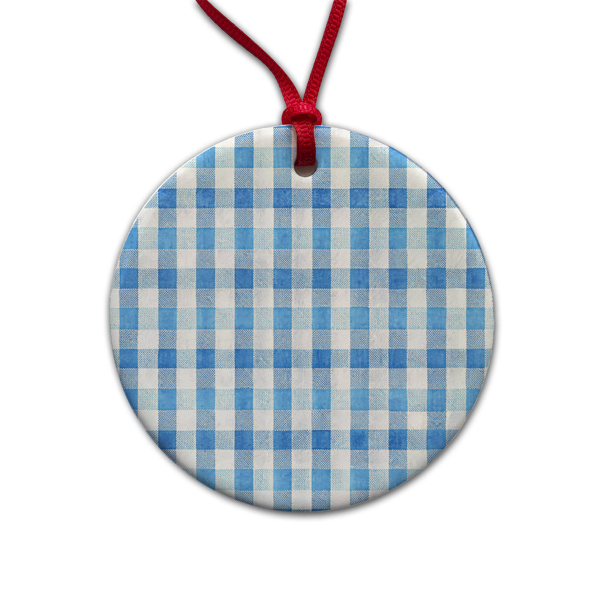 Blue White Gingham Watercolor Round Ceramic Holiday Christmas Tree Ornament