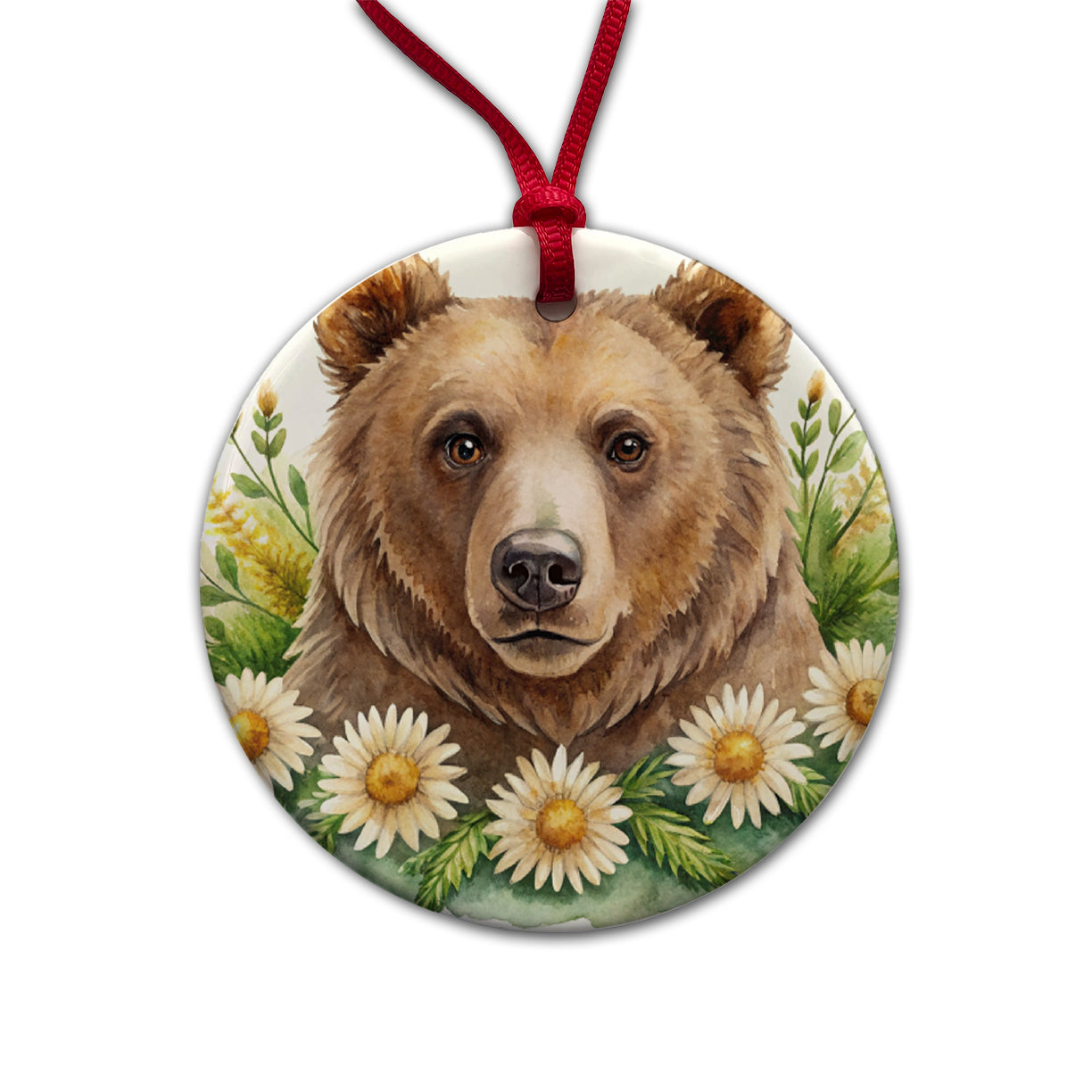 Brown Bear Watercolor Design With Daisies Round Ceramic Holiday Christmas Tree Ornament