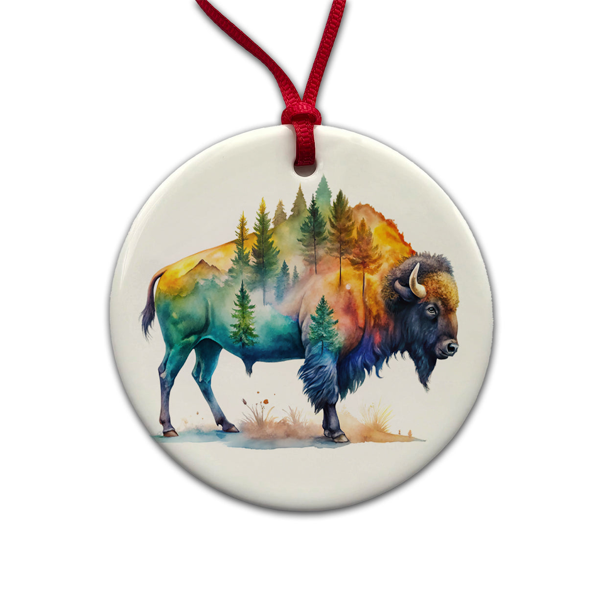 Buffalo In Forest Watercolor Design Round Ceramic Holiday Christmas Tree Ornament