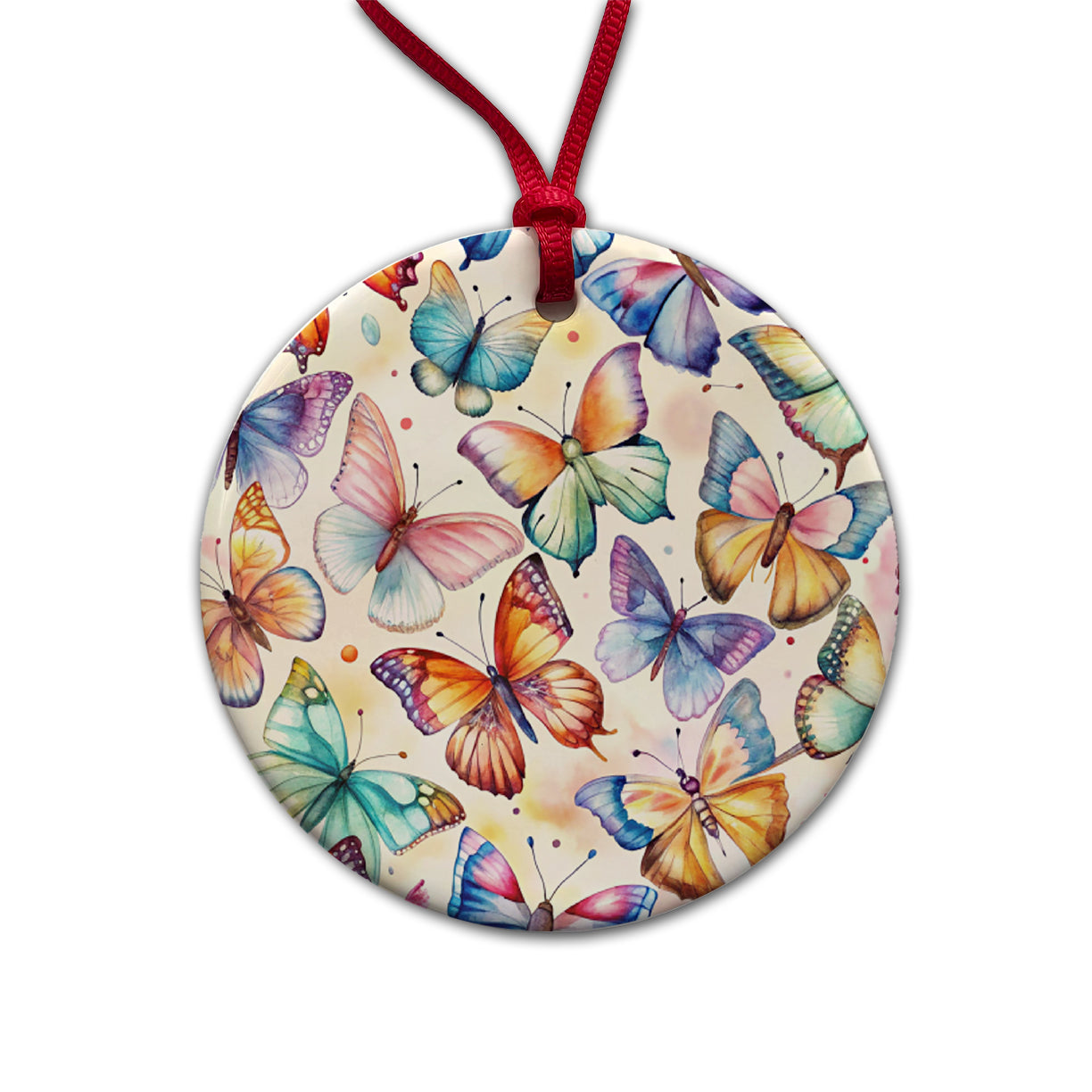 Butterflies Watercolor Round Ceramic Holiday Christmas Tree Ornament