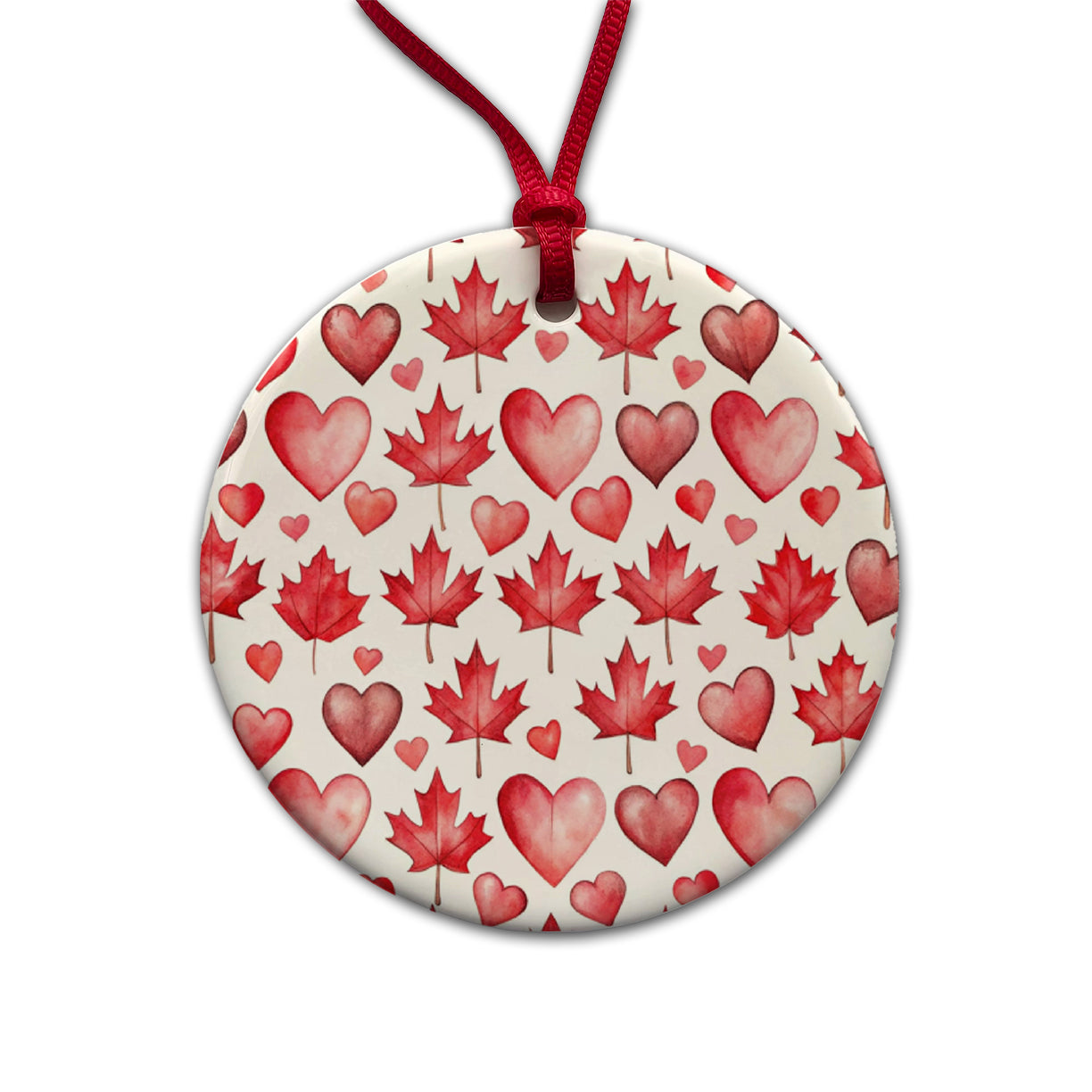 Canada Flags Maple Leaf Hearts Watercolor Round Ceramic Holiday Christmas Tree Ornament