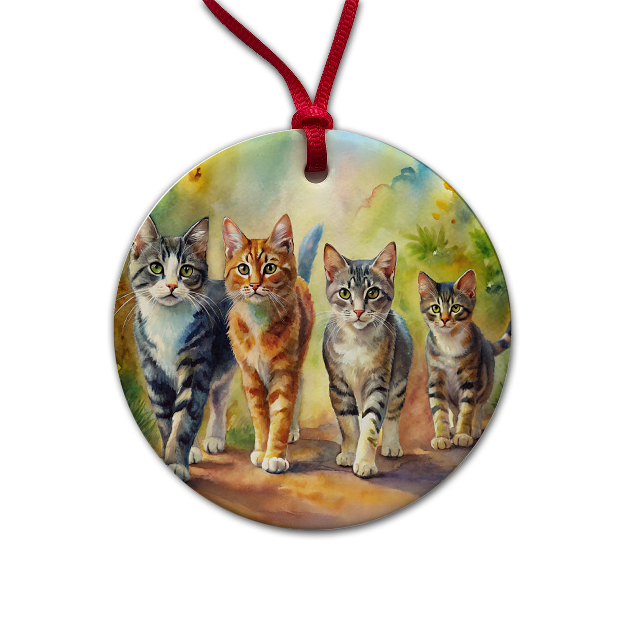 Cats Walking Watercolor Round Ceramic Holiday Christmas Tree Ornament
