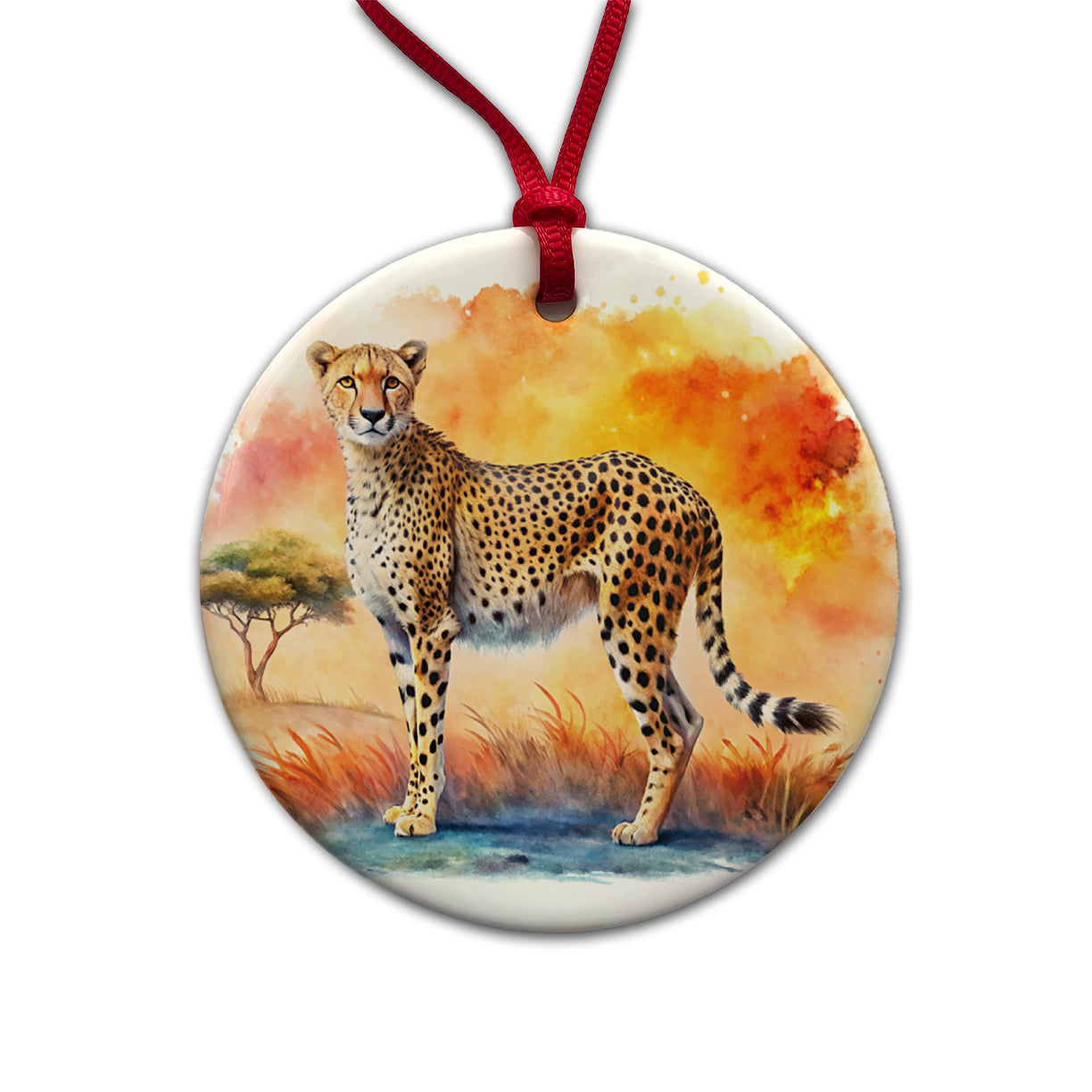 Cheetah African Plain Watercolor Design Round Ceramic Holiday Christmas Tree Ornament