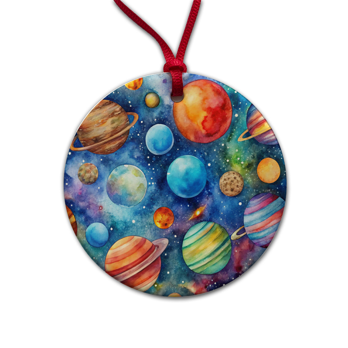 Colorful Planets In Space Watercolor Round Ceramic Holiday Christmas Tree Ornament