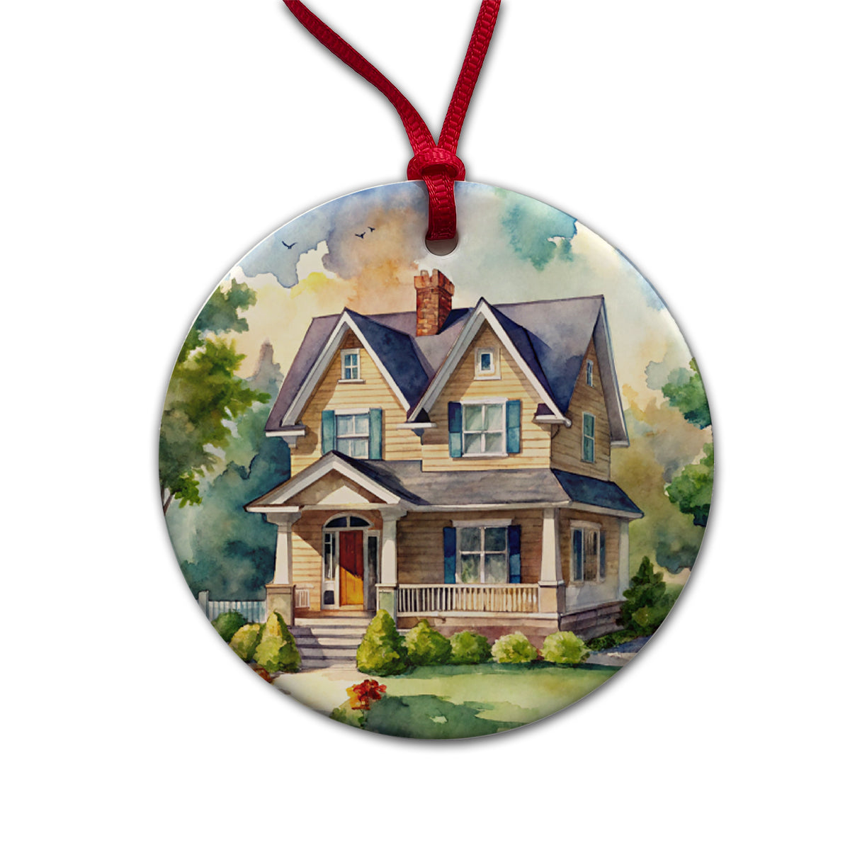 Country Farm House Painting Watercolor Round Ceramic Holiday Christmas Tree Ornament