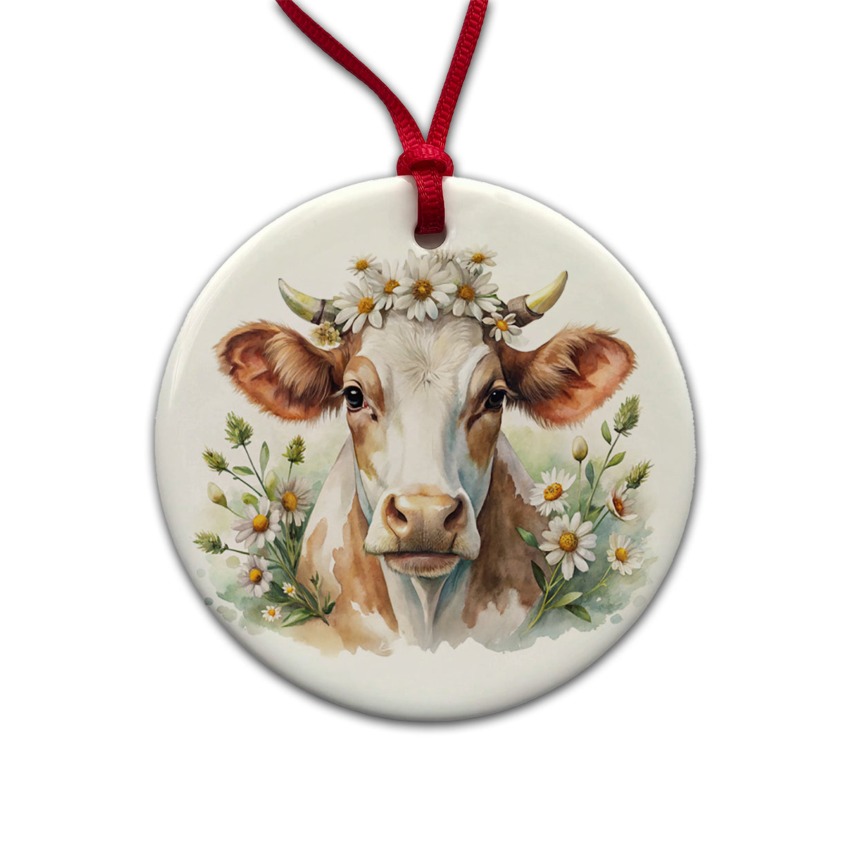 Cow Watercolor With Daisies Round Ceramic Holiday Christmas Tree Ornament