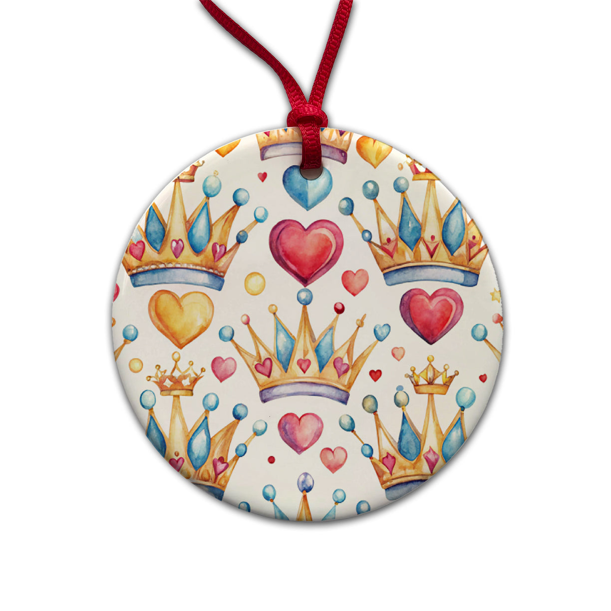 Crowns Royalty Tiaras Hearts Watercolor Round Ceramic Holiday Christmas Tree Ornament