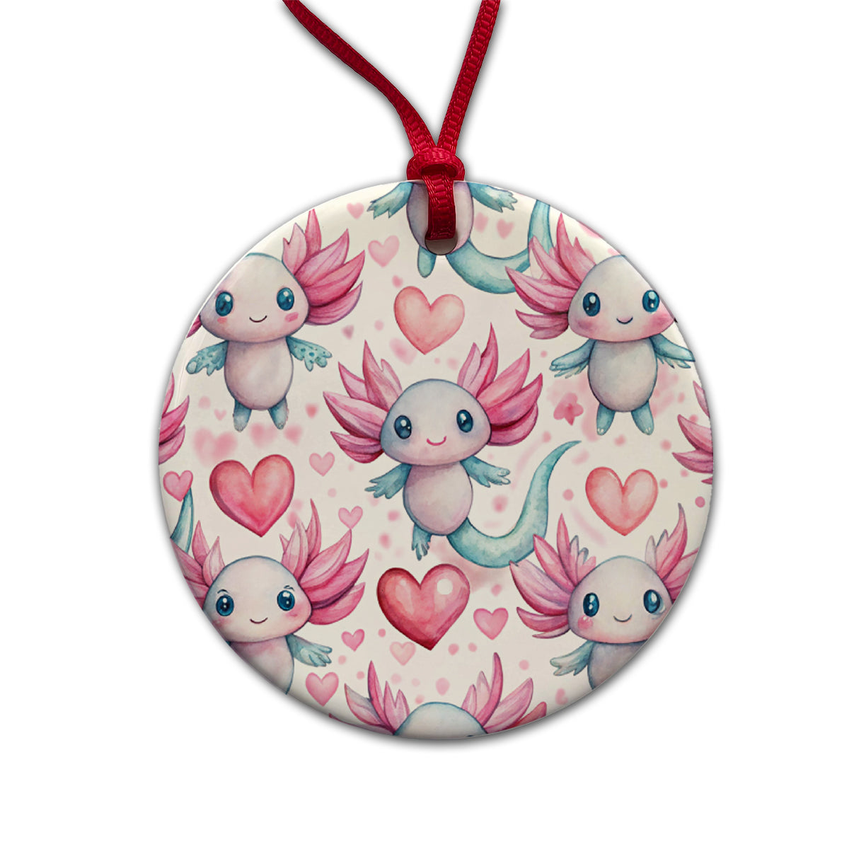 Cute Axolotls Hearts Watercolor Round Ceramic Holiday Christmas Tree Ornament