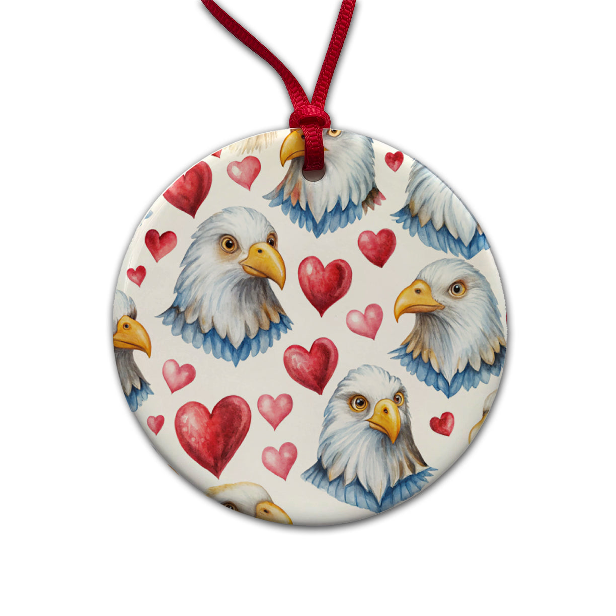 Cute Bald Eagles Hearts Watercolor Round Ceramic Holiday Christmas Tree Ornament