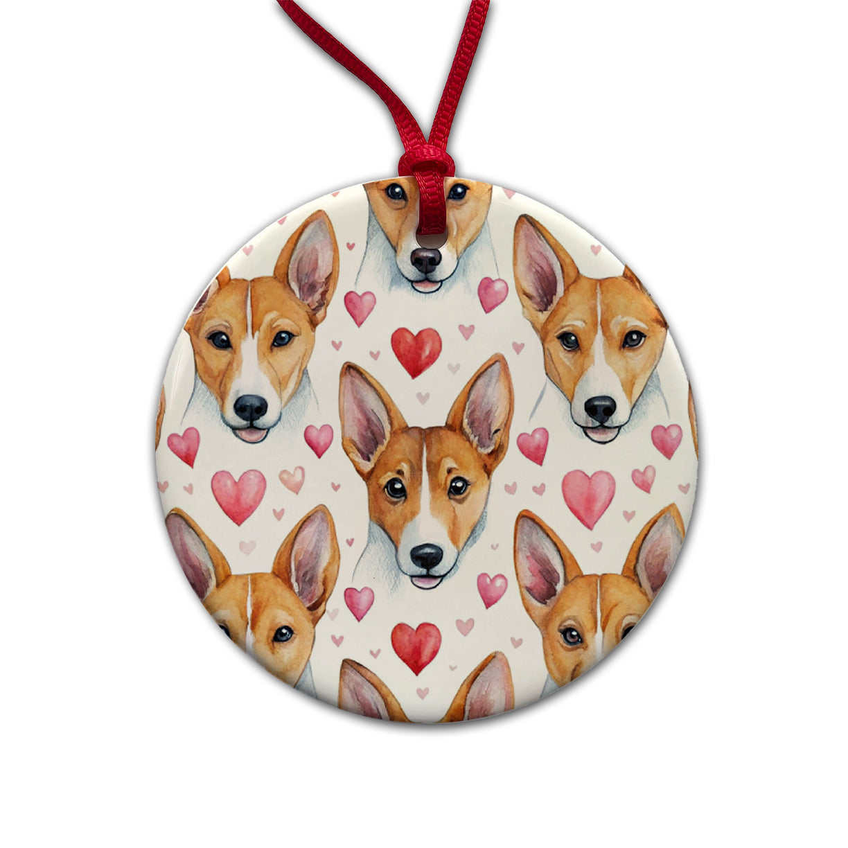Cute Basenji Dog Faces Hearts Water Round Ceramic Holiday Christmas Tree Ornament