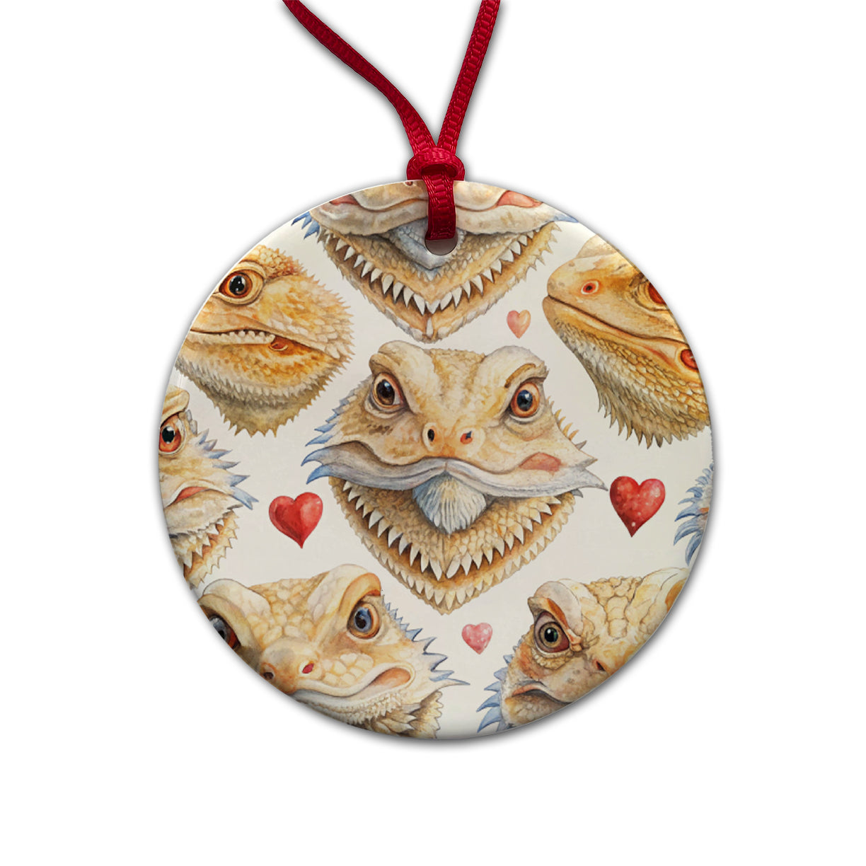 Cute Bearded Dragon Faces Hearts Round Ceramic Holiday Christmas Tree Ornament