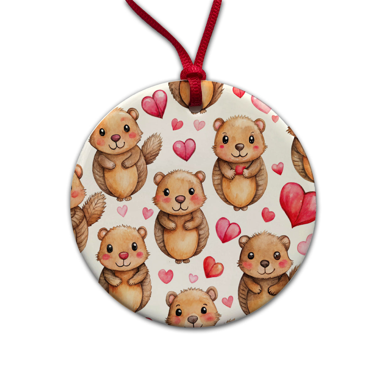 Cute Beavers Hearts Watercolor Round Ceramic Holiday Christmas Tree Ornament