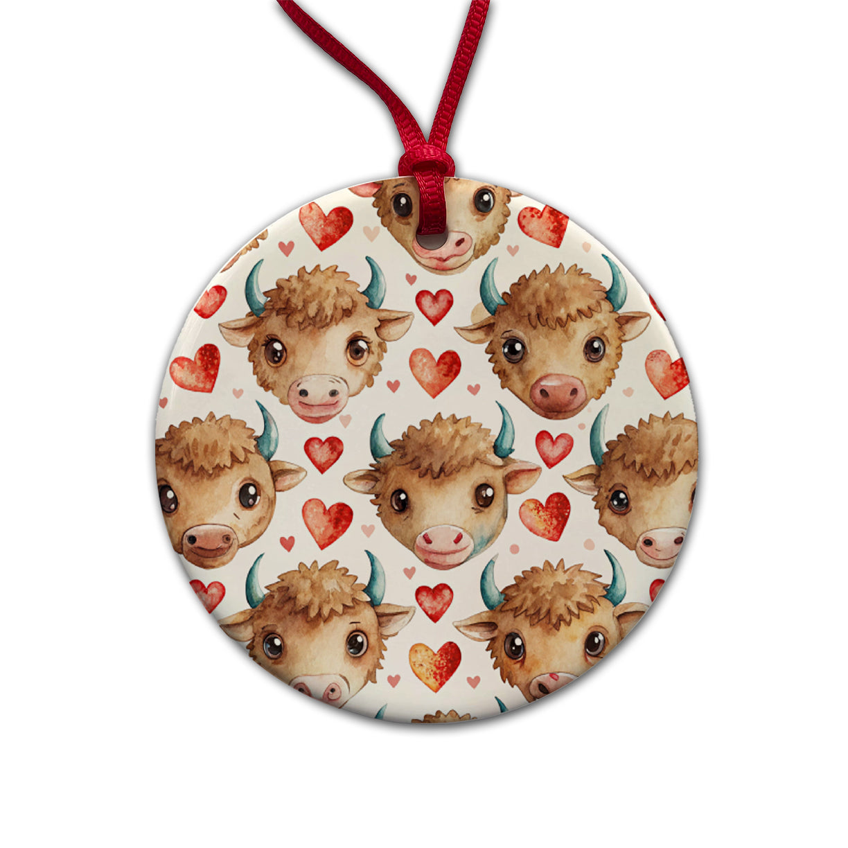Cute Bison Faces Hearts Watercolor Round Ceramic Holiday Christmas Tree Ornament