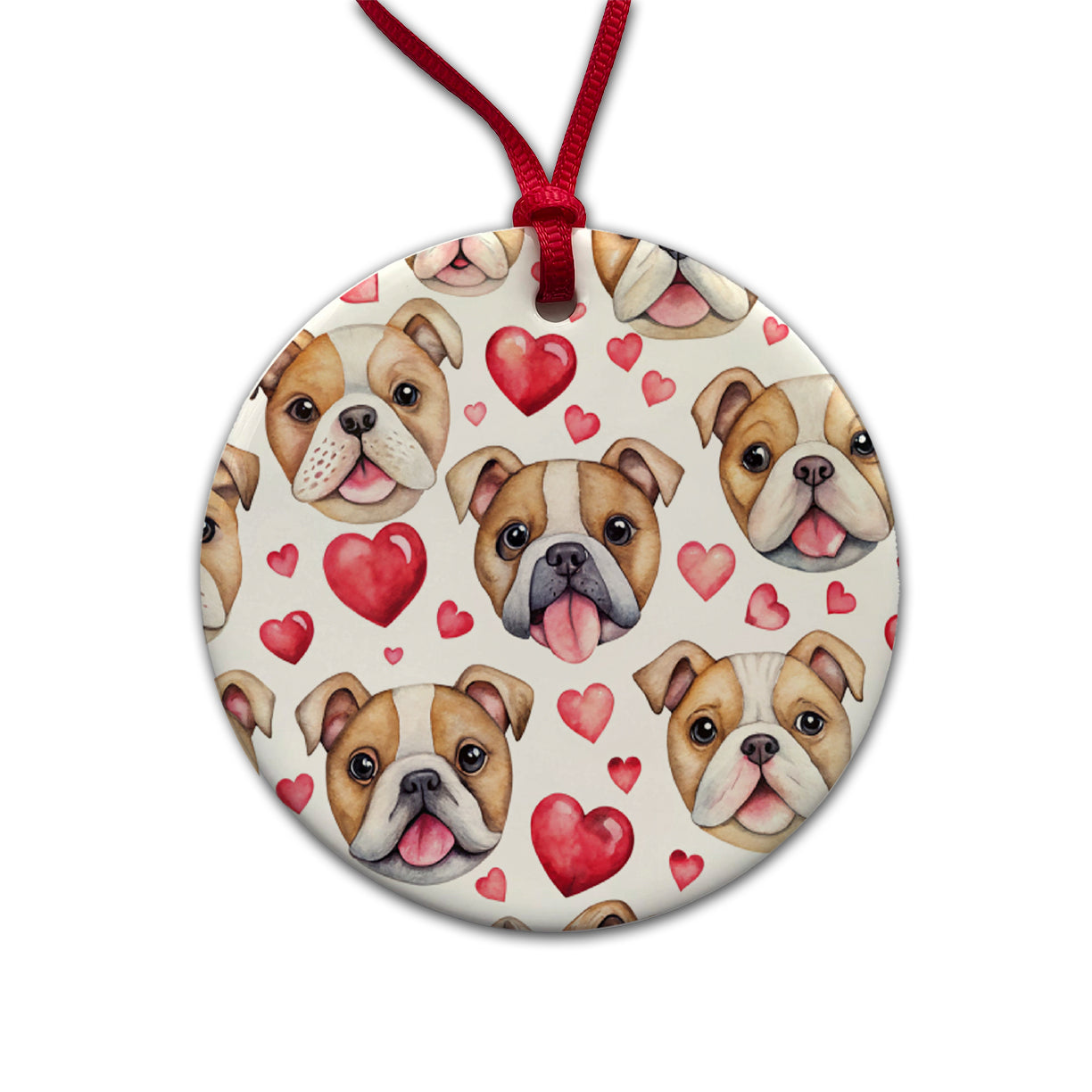 Cute Bulldog Dog Faces Hearts Round Ceramic Holiday Christmas Tree Ornament