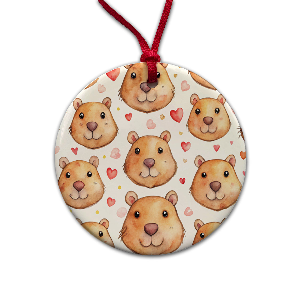 Cute Capybara Faces Hearts Round Ceramic Holiday Christmas Tree Ornament