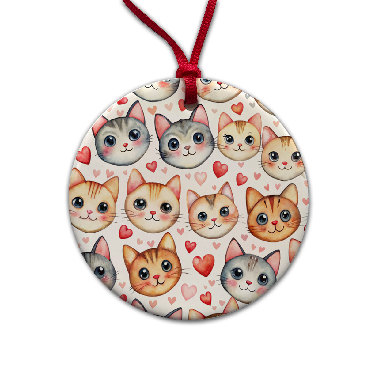 Cute Cat Faces Hearts Watercolor Round Ceramic Holiday Christmas Tree Ornament