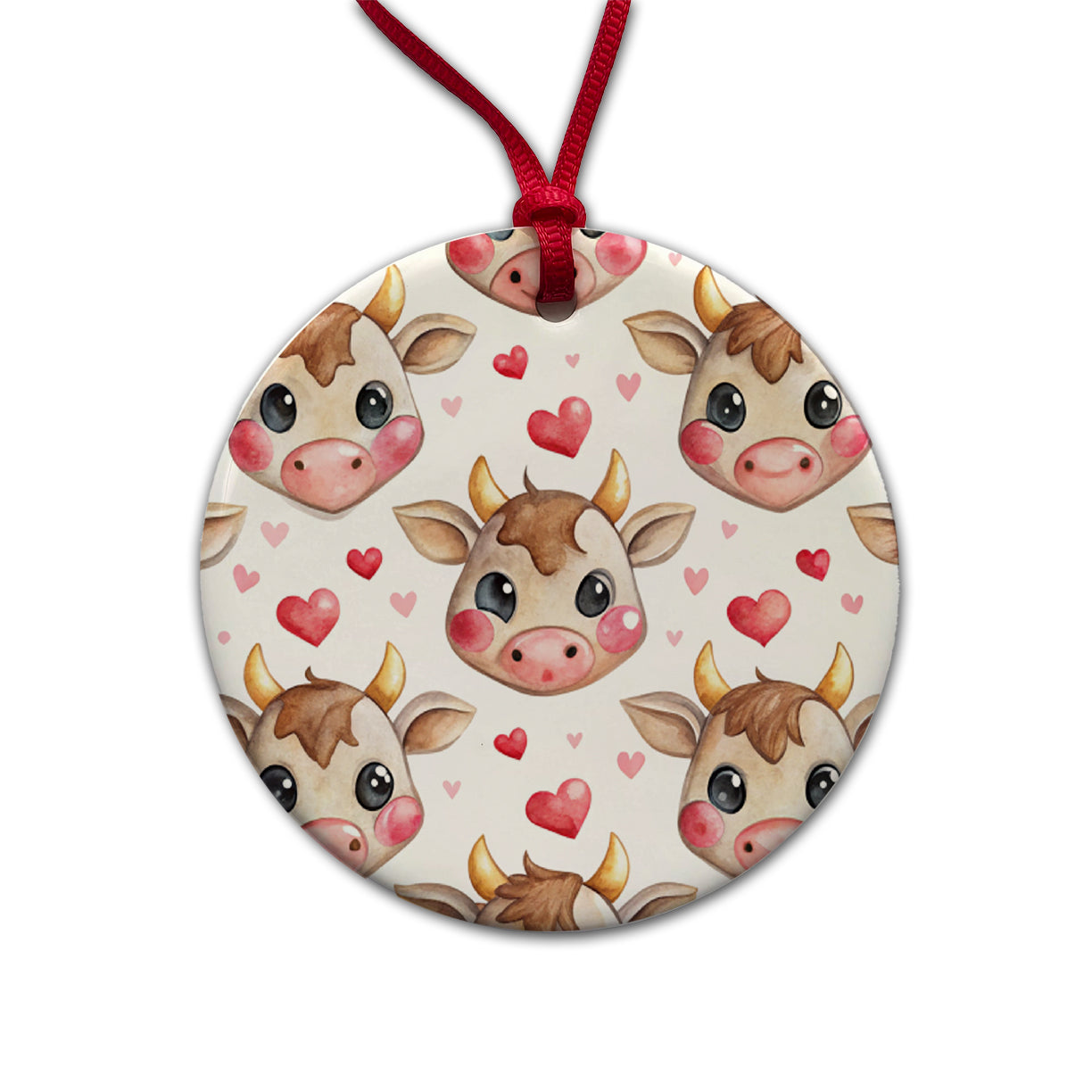 Cute Cow Faces Hearts Watercolor Round Ceramic Holiday Christmas Tree Ornament