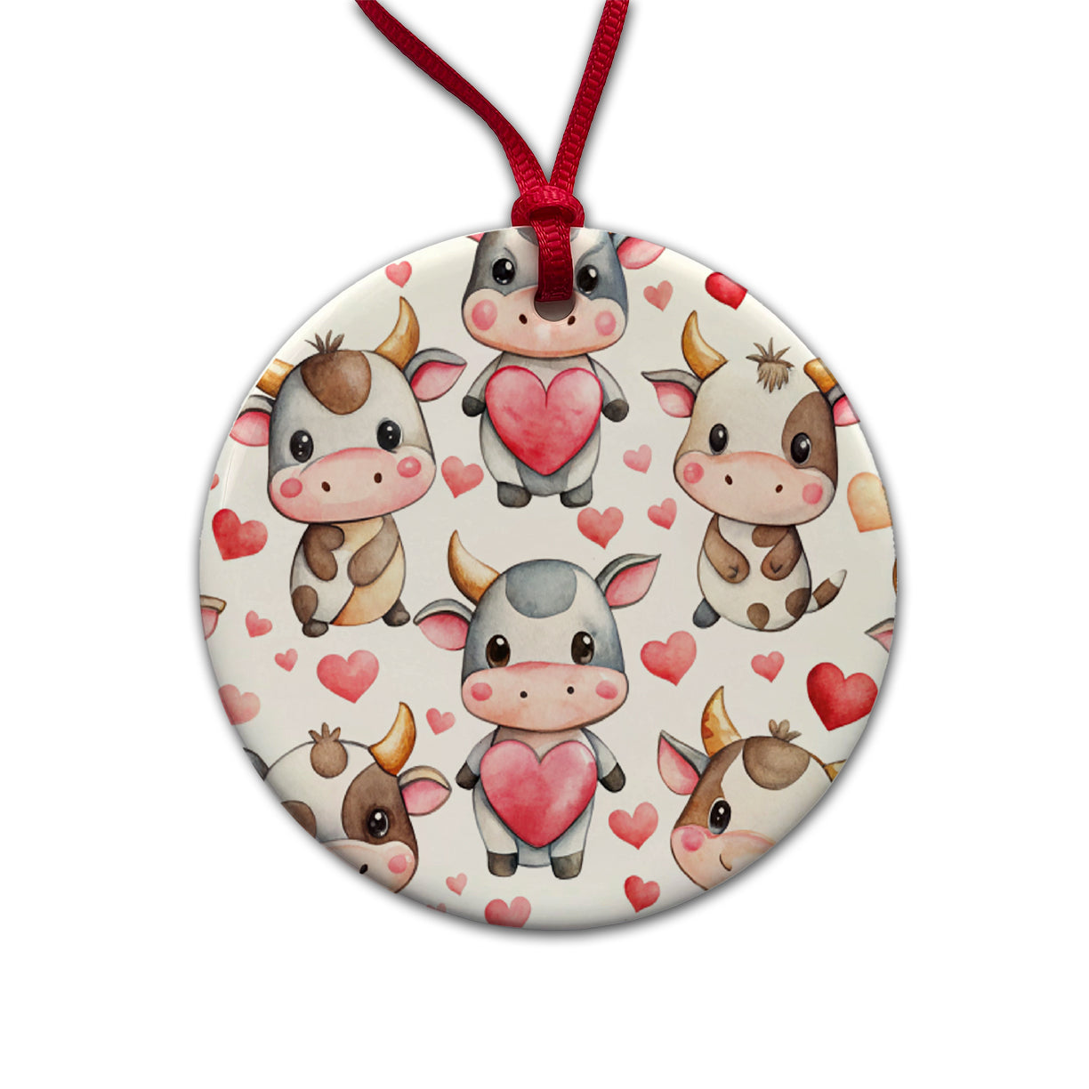 Cute Cows Hearts Watercolor Round Ceramic Holiday Christmas Tree Ornament